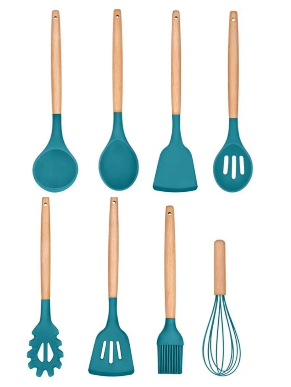 4/$15 🌻 Wood Handle Teal Silicone Kitchen Utensil Set - 8 Piece